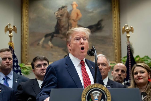 US president Donald Trump speaks in the Roosevelt Room of the White House in Washington