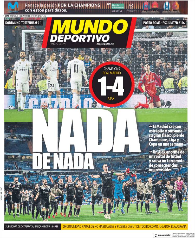 Mundo Deportivo compared the triumph of Ajax with the despair of Madrid