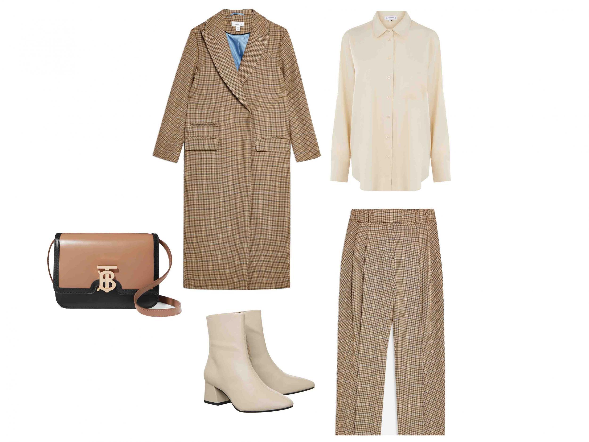 Burberry, TB Two-Tone Leather Shoulder Bag, ?1,590, Net-a-Porter;?Tailored Check Coat, ?85, Topshop;?Oversized Utility Shirt, ?32, Warehouse;?Vagabond, Alice Block Heel Boots, ?99.99, Office;?Check Wide Leg Trousers, ?29, Topshop