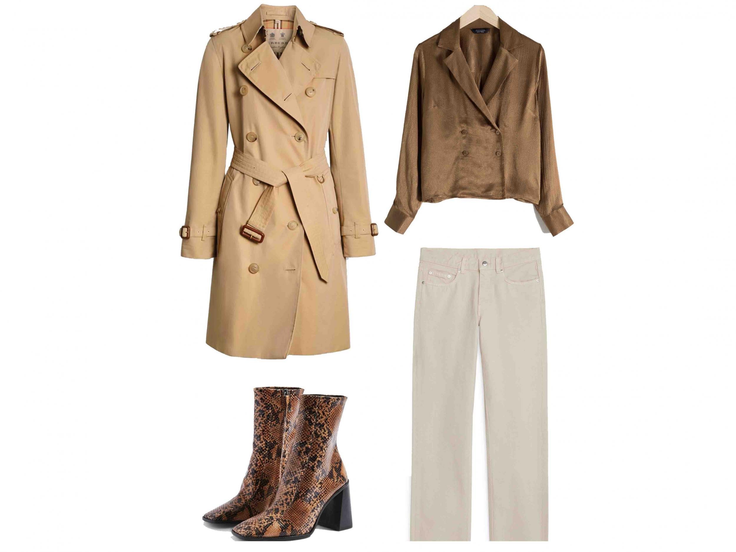 The Kensington Heritage Trench Coat, ?1,450, Burberry;?Hurricane High Ankle Boots, ?89, Topshop;?Double Breasted Satin Blouse, ?49, &amp; Other Stories;?Straight Overdyed Jeans, ?55, Arket