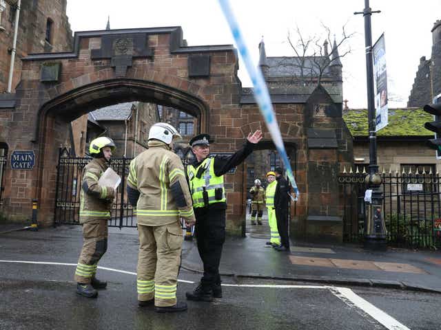Police and fire services outside University of Glasgow after evacuation