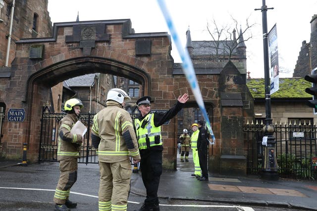 Police and fire services outside University of Glasgow after evacuation