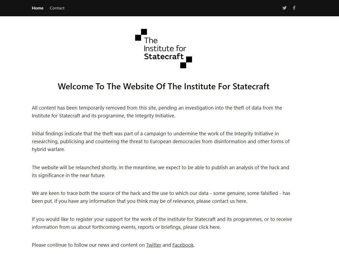 The home page of The Institute for Statecraft displays a message from the institute following a suspected cyber attack on the website.