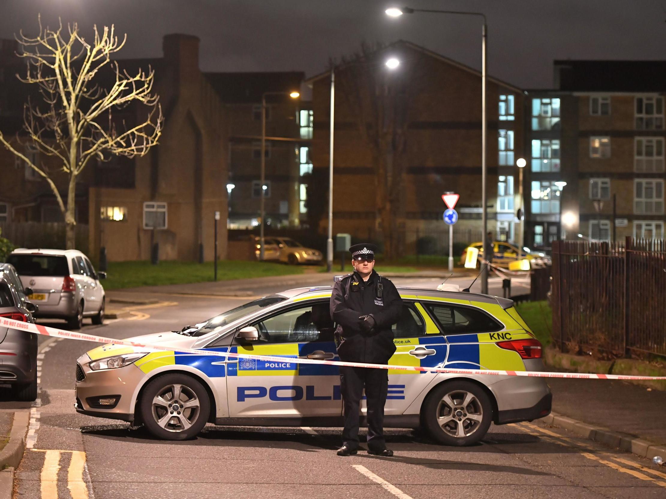 Police at the scene near North Birkbeck Road in Leyton, east London