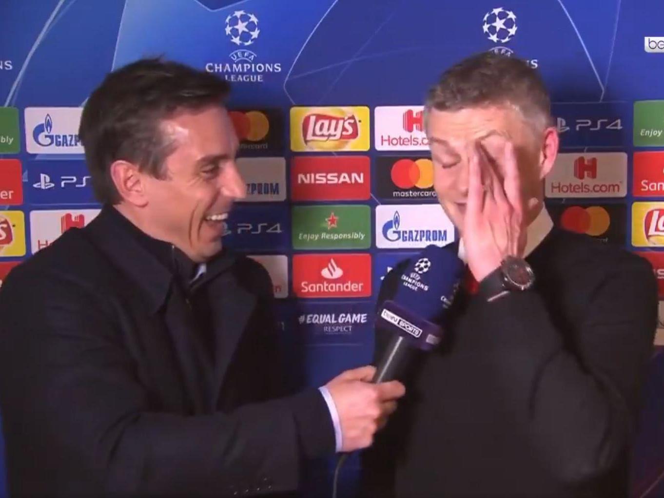 Neville interviews Solskjaer after United's victory over PSG