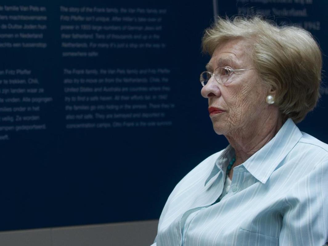 Eva Schloss-Geiringer looks on at the opening of the new exhibition 'Misschien trekken ook wij verder' ('We too might move on') at the Anne Frank museum in Amsterdam, on Monday 26, March 2012.
