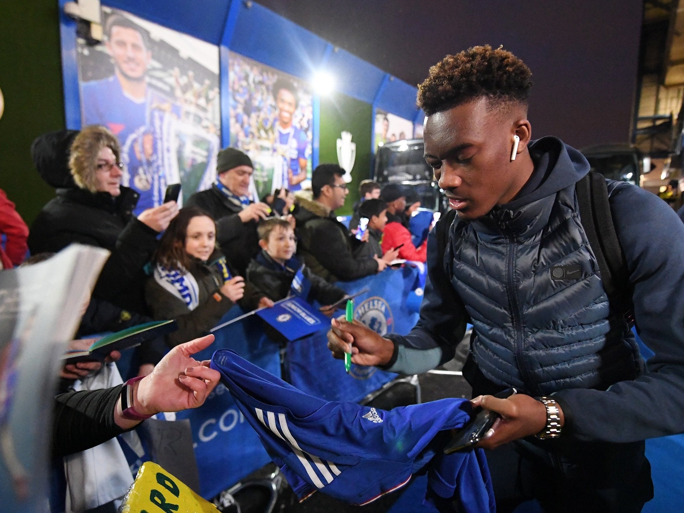 Callum Hudson-Odoi meets fans outside Stamford Bridge