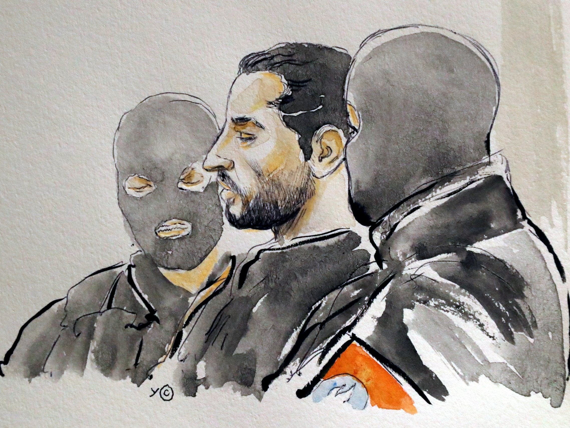 A court artist drawing of Mehdi Nemmouche