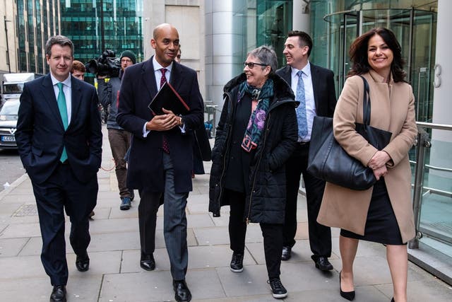 Members of the Independent Group of MPs: Chris Leslie, Chuka Umunna, Ann Coffey, Gavin Shuker and Heidi Allen leave following a meeting at the Electoral Comission