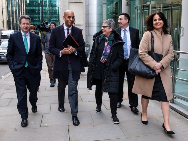 Members of the Independent Group of MPs: Chris Leslie, Chuka Umunna, Ann Coffey, Gavin Shuker and Heidi Allen leave following a meeting at the Electoral Comission
