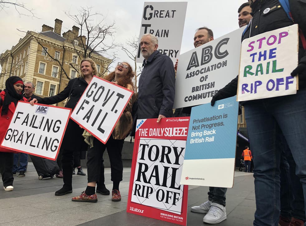 Train pain: Jeremy Corbyn leading a protest earlier this year outside KIng's Cross in London – one of the stations with fewer trains than promised