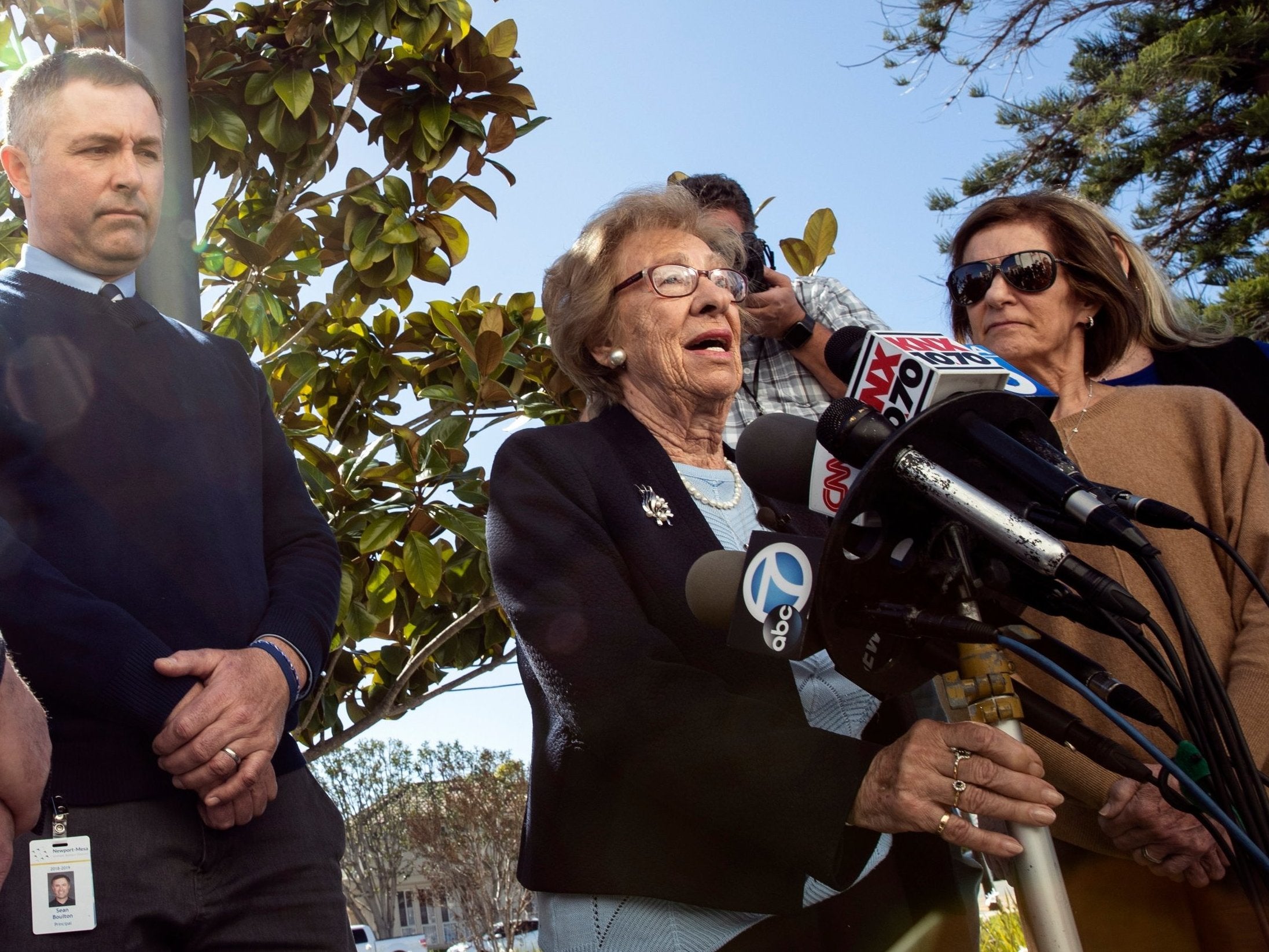 Auschwitz survivor and Anne Frank's stepsister, Eva Schloss delivers a speech to the media after she addressed Newport Beach High School students following a 'Nazi salutes and Swastika' incident earlier on the same week, in Newport Beach, California, 7 March 2019.