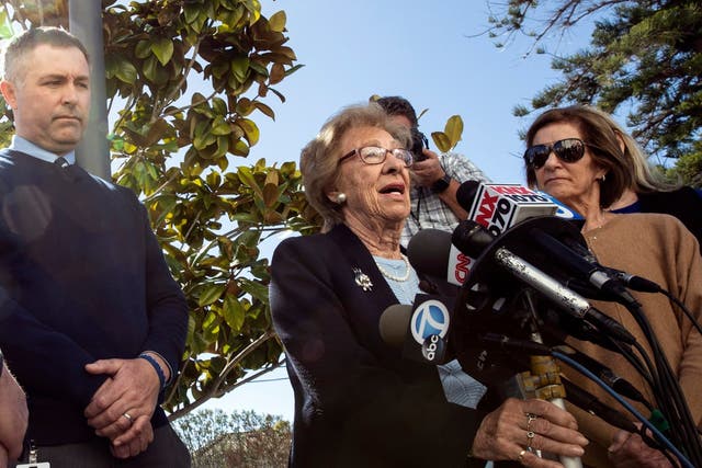 Auschwitz survivor and Anne Frank's stepsister, Eva Schloss delivers a speech to the media after she addressed Newport Beach High School students following a 'Nazi salutes and Swastika' incident earlier on the same week, in Newport Beach, California, 7 March 2019.