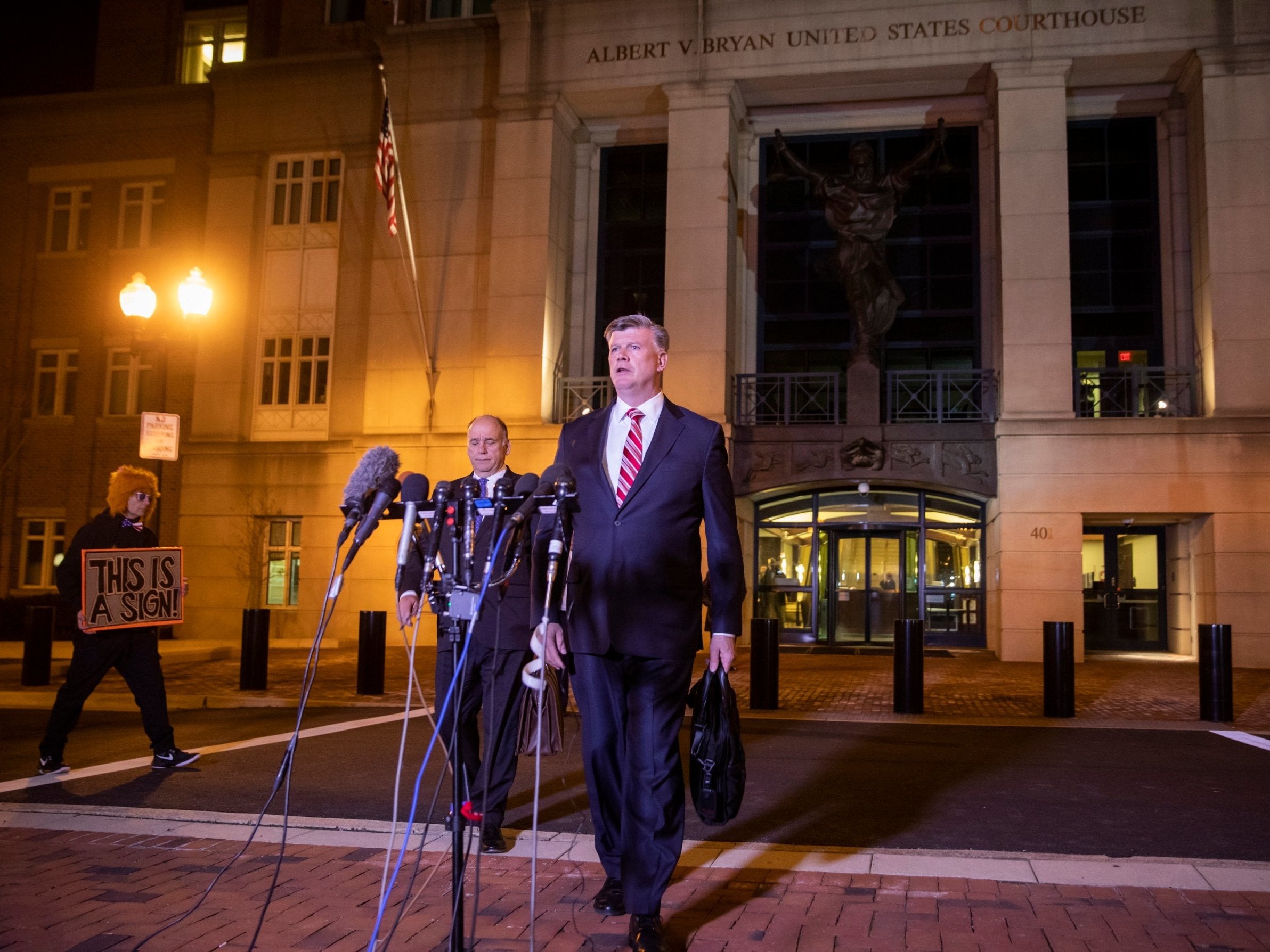 Paul Manafort's defense attorneys Kevin Downing (R) and Thomas Zehnle (L), briefly speak to the news media outside US District Court after a sentencing hearing in Alexandria, Virginia, USA, 07 March 2019. Manafort, who remains in federal custody, was sentenced to 47 months for defrauding banks and the government and failing to pay taxes on millions of dollars in income.