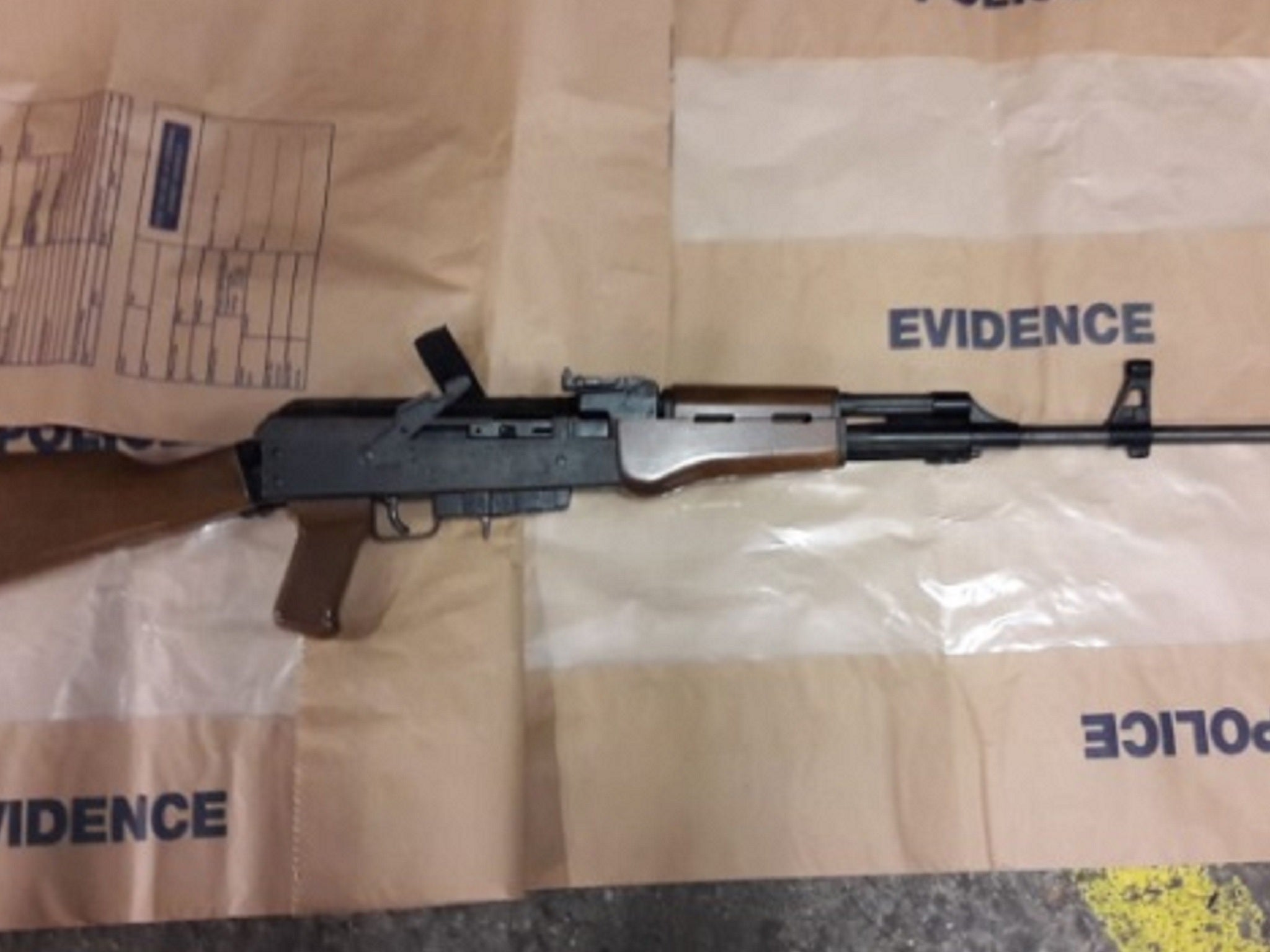 Two men, aged 77 and 50, have been arrested after police found a loaded Armi-Jager AP80 assault rifle in the boot of a car during a stop and search in Peckham, south London, on 7 March 2019.