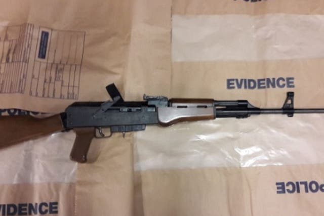 Two men, aged 77 and 50, have been arrested after police found a loaded Armi-Jager AP80 assault rifle in the boot of a car during a stop and search in Peckham, south London, on 7 March 2019.
