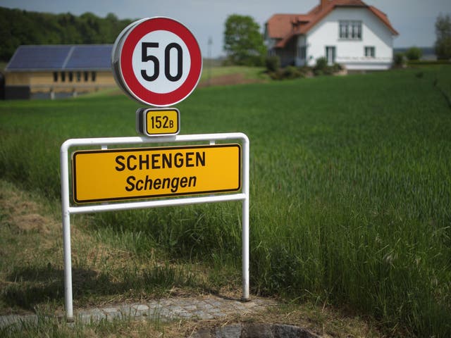 A road sign greets visitors to the town of Schengen, Luxembourg