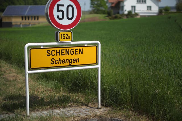 A road sign greets visitors to the town of Schengen, Luxembourg