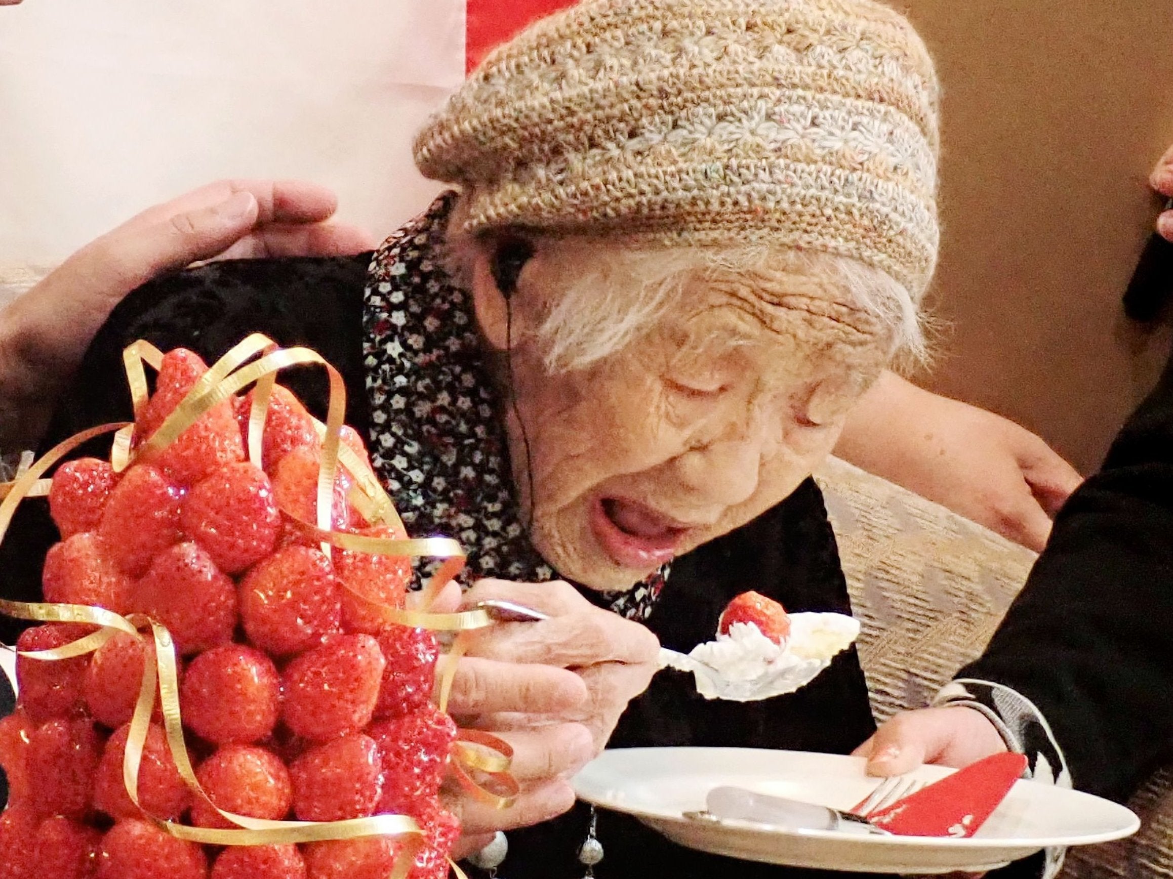 Kane Tanaka celebrates as she is officially recognised as the world's oldest living person