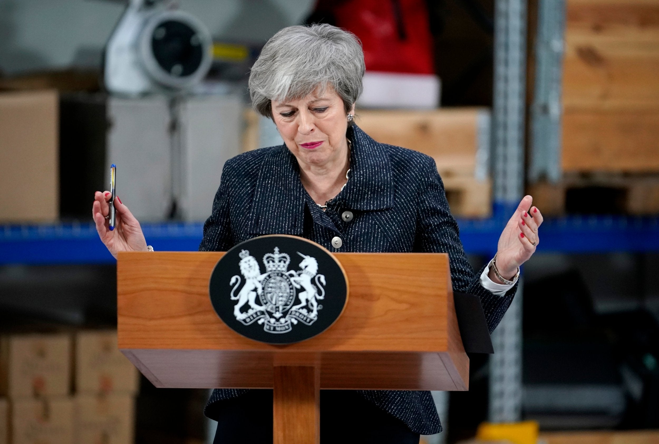 Theresa May delivers a speech in Grimsby