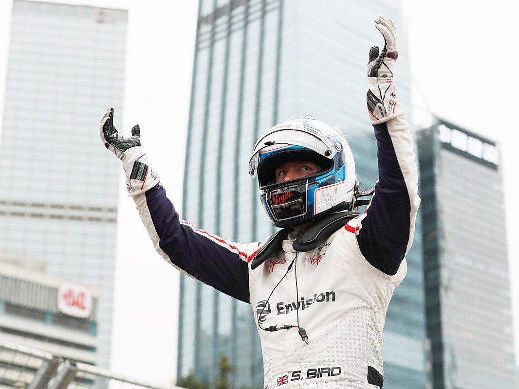 Sam Bird celebrates his victory in Hong Kong
