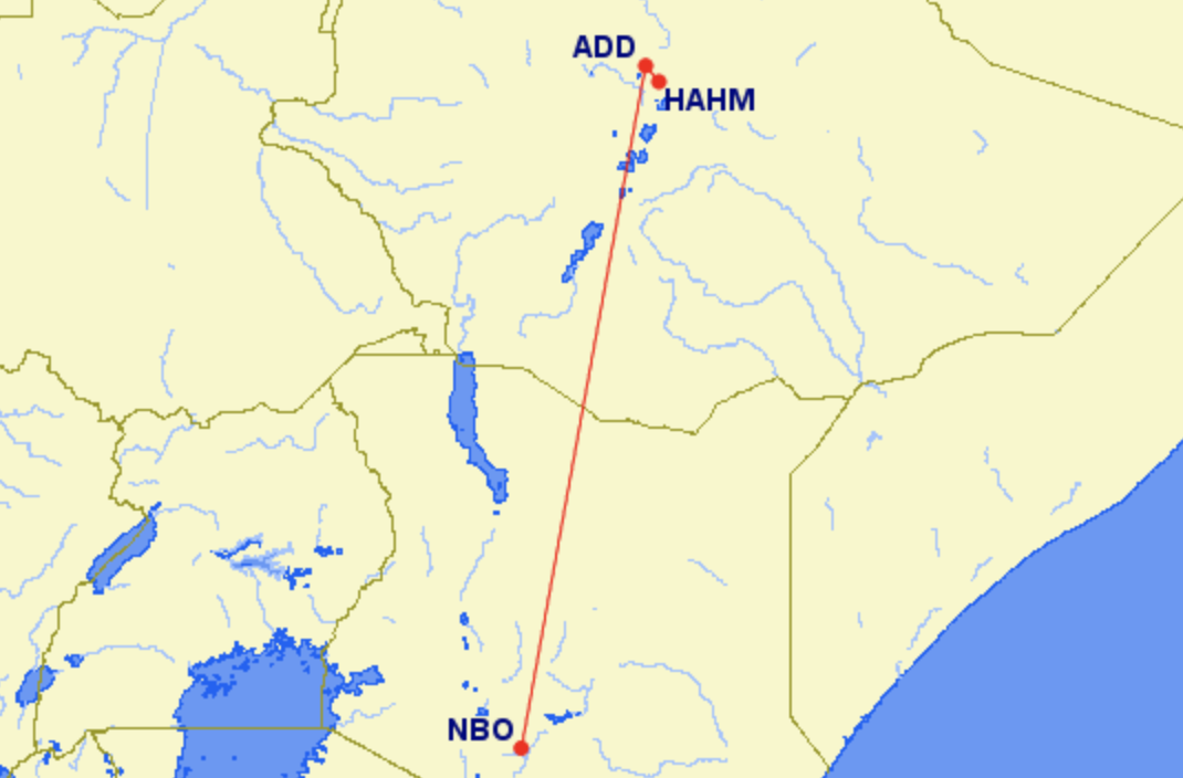 Flight path: the intended link between Addis Ababa (ADD) and Nairobi (NBO), also showing the approximate crash site at Bishoftu (HAHM)