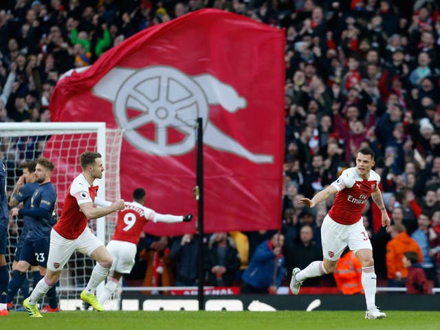 Granit Xhaka celebrates after putting Arsenal ahead of Manchester United
