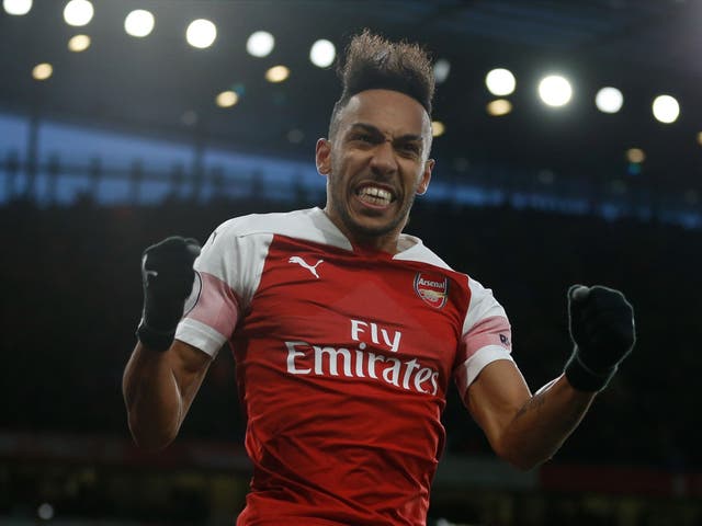 Pierre-Emerick Aubameyag celebrates putting Arsenal 2-0 ahead in their win over Manchester United