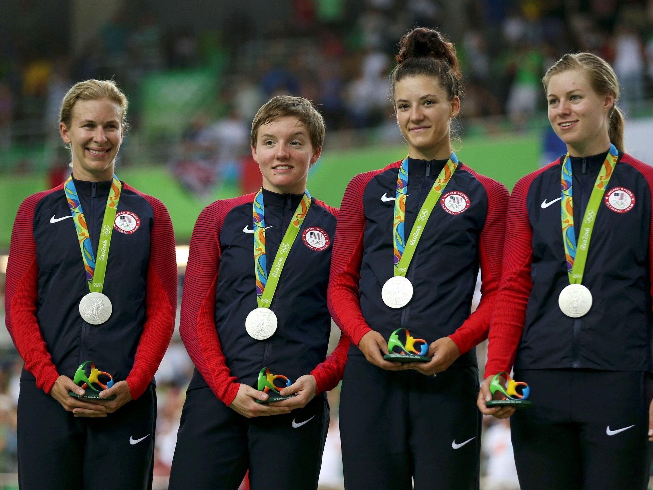 Kelly Catlin (second left) with Team USA after winning silver in Rio