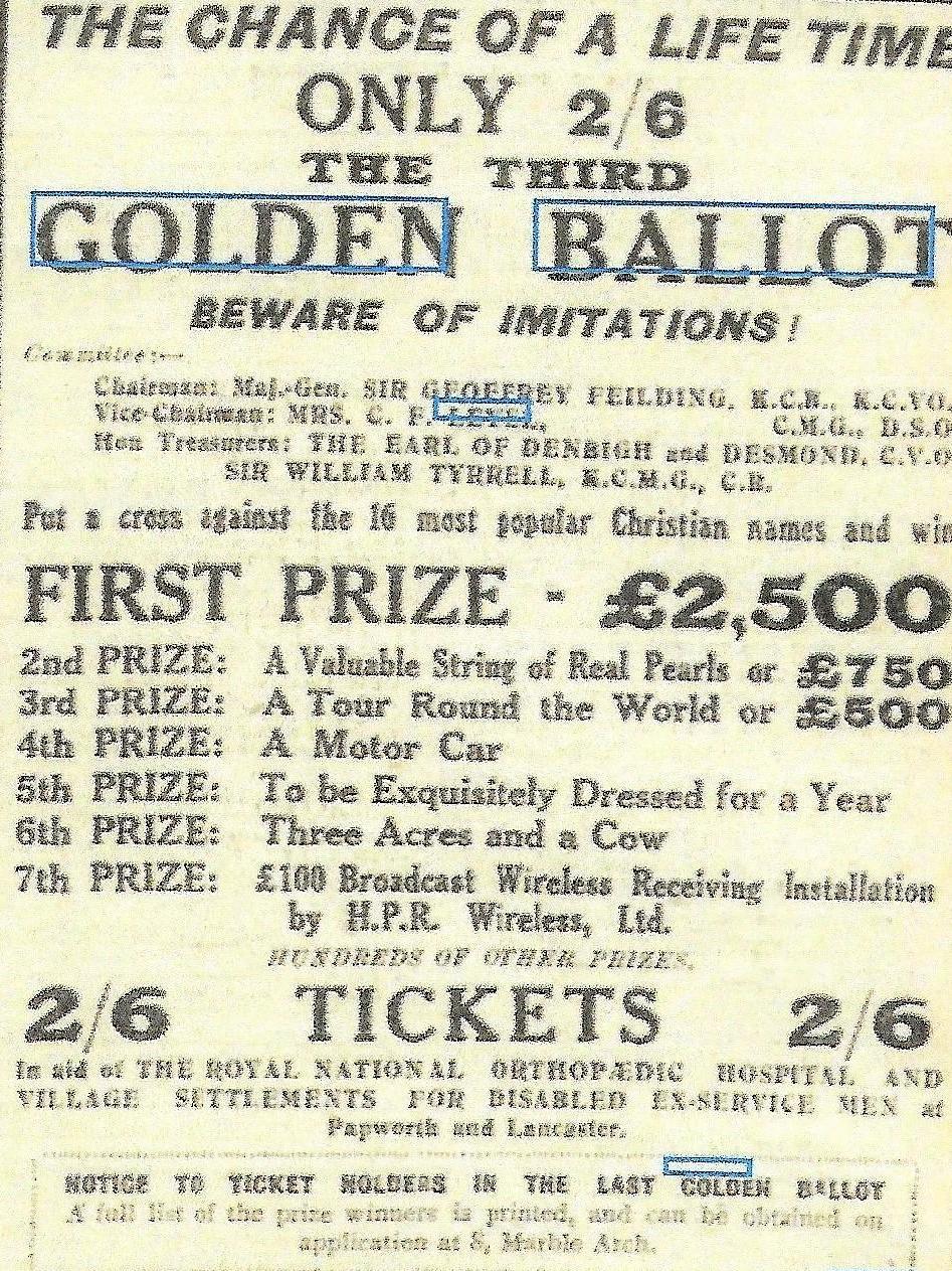 An image of one of the adverts for the third golden ballot, by which time the prize-winnings were smaller