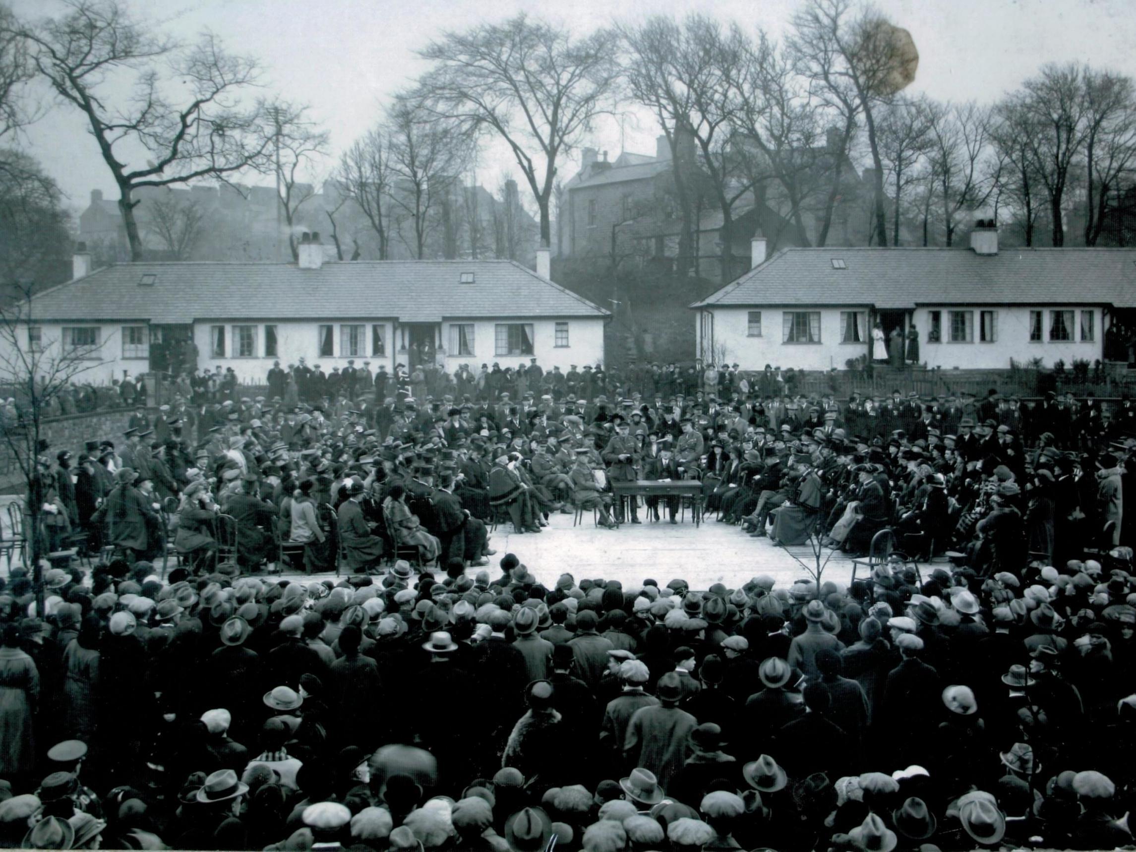 The official opening of the Westfield settlement by Earl Haig. Hilda was among the honoured guests seated on the village bowling green