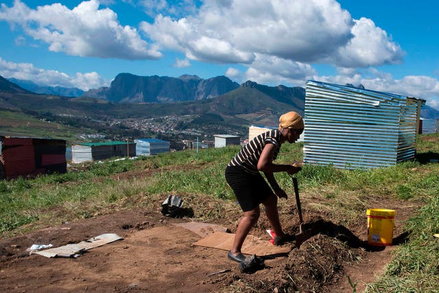 A woman lays out plot on a piece of land belonging to the Louiesenhof Wine Estate on 8 August 2018, in Stellenbosch, which is at the centre of the South African wine-producing region