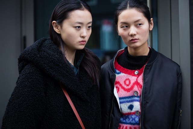 Two women outside of the Tibi show during New York Fashion Week on 10 February 2019