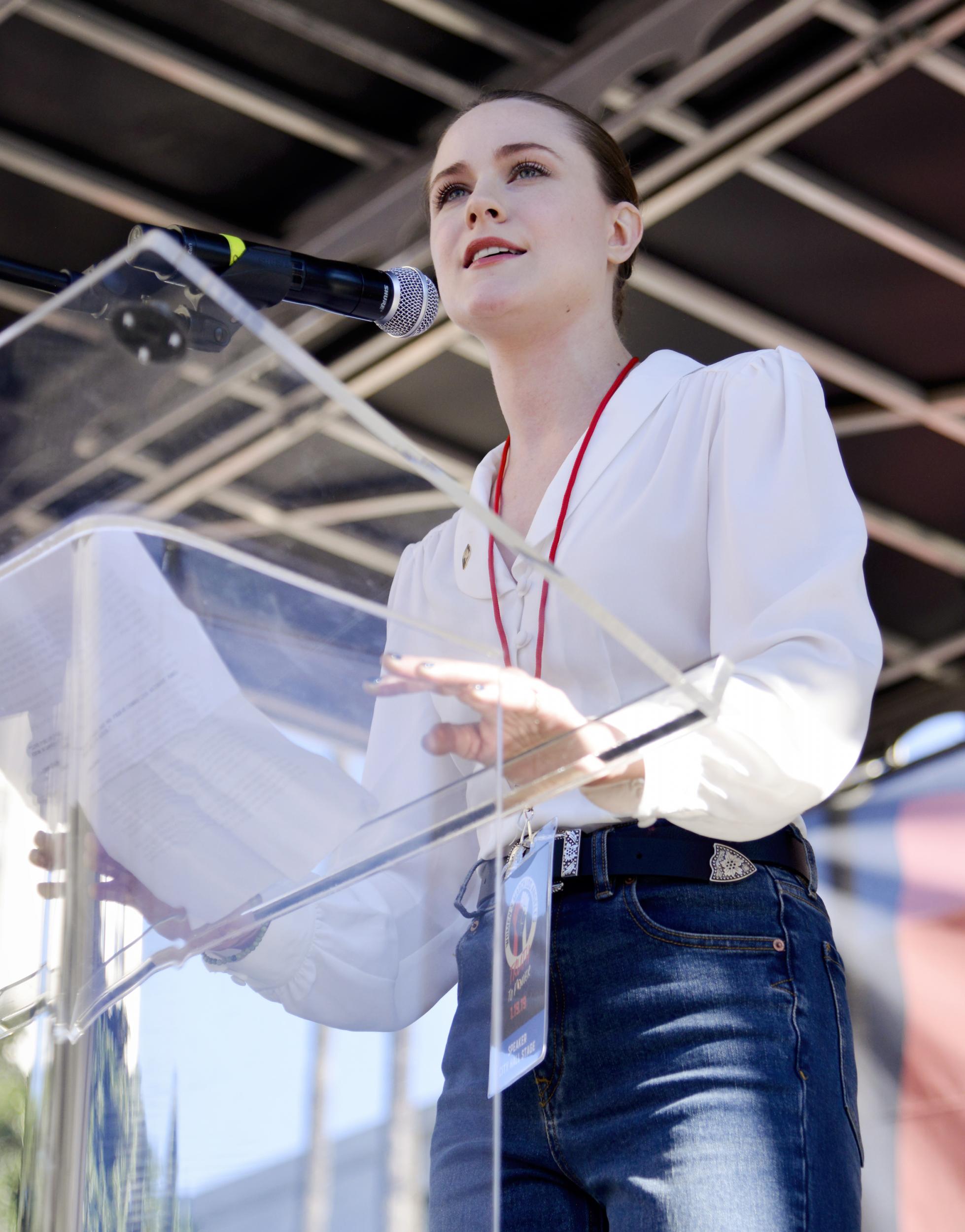 Actor Evan Rachel Wood speaks during the 2019 Women's March Los Angeles on 19 January 2019 in Los Angeles, California