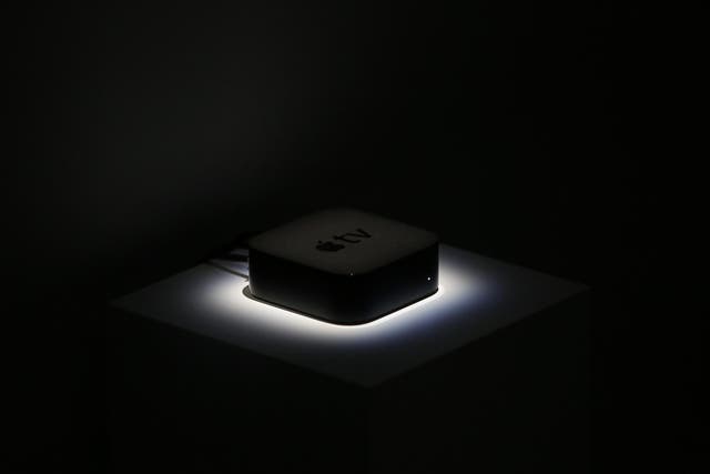 An Apple Tv set-top box is seen in the demo area after a Apple special event at Bill Graham Civic Auditorium on September 2015