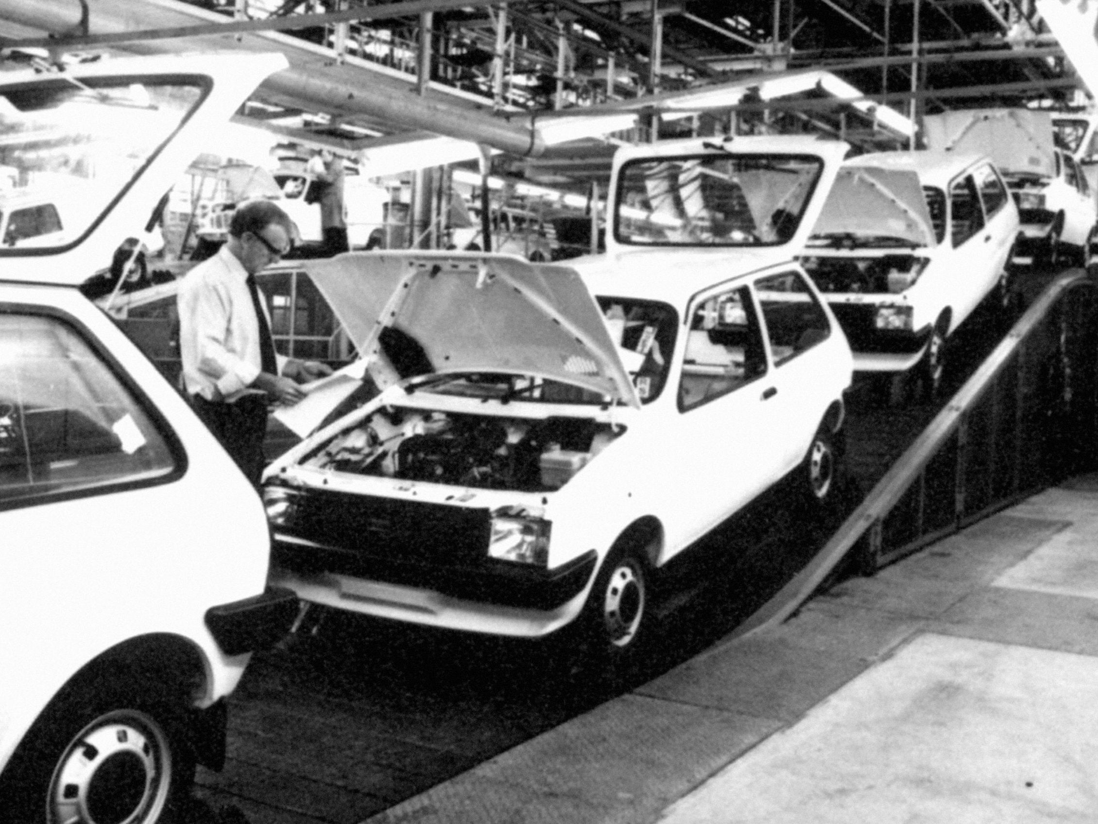 British Leyland-produced Mini Metros on the assembly line in Longbridge, Birmingham in 1980