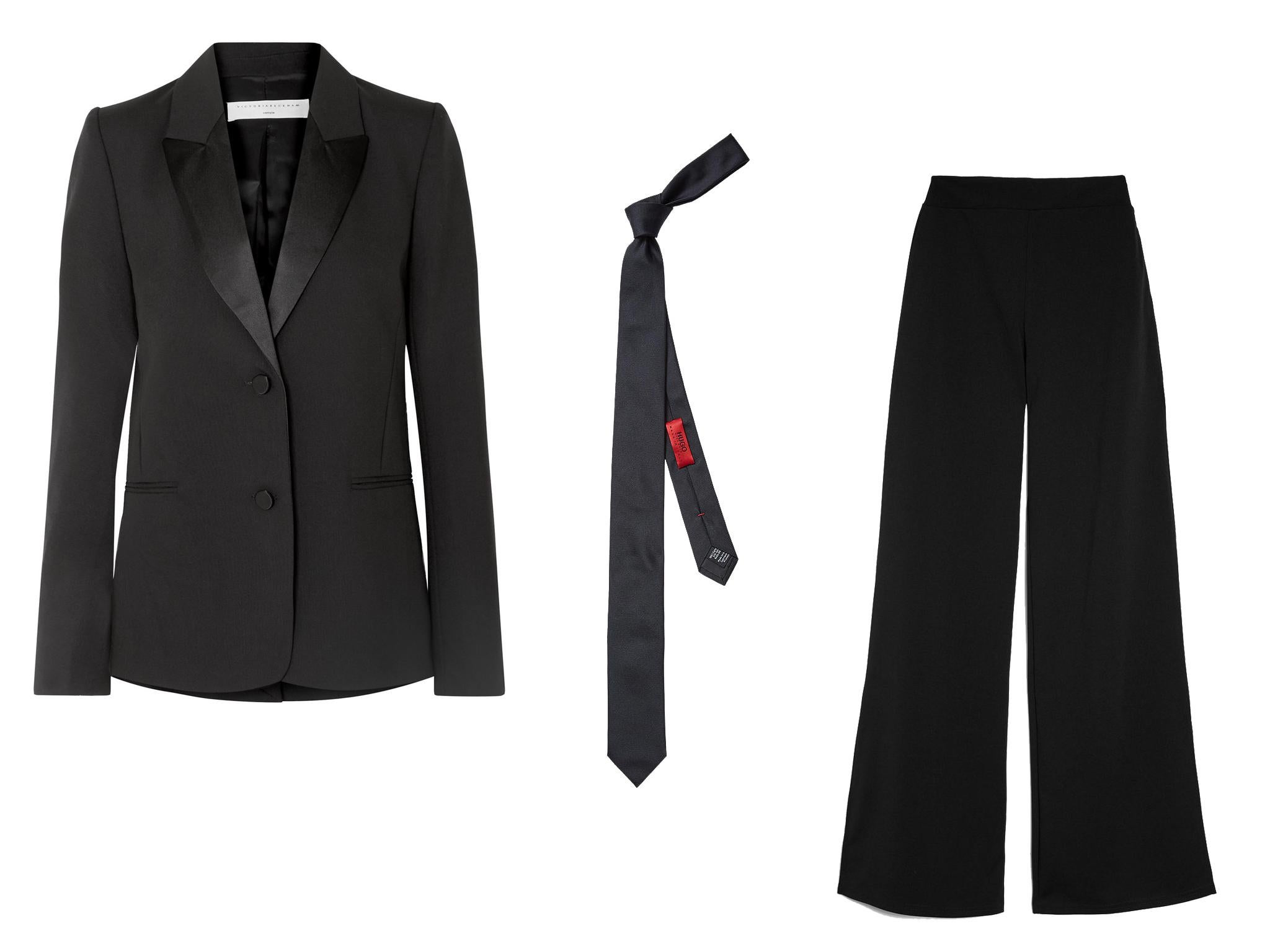 Victoria Beckham satin-trimmed wool and mohair-blend blazer, £1,485; Topshop black high waisted side split trousers by Club L, £25; Hugo by Hugo Boss twill silk tie, £45.