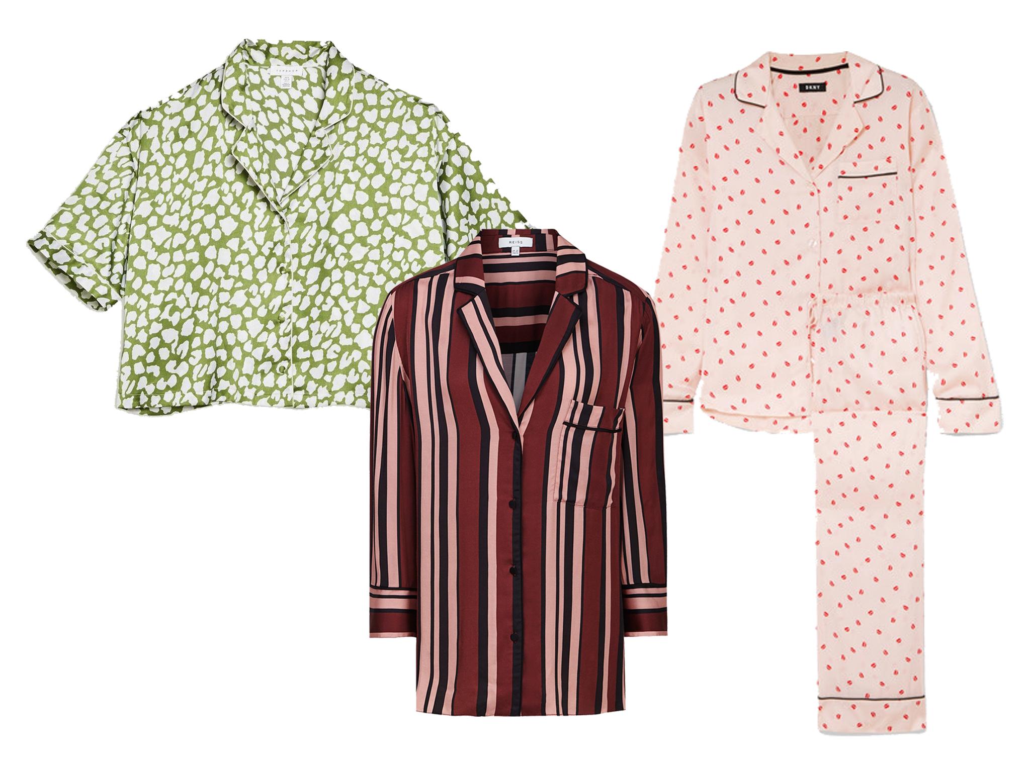 Topshop animal print satin pyjama shirt, £22; DKNY Read My Lips printed satin pyjama set, £80, Net-A-Porter; Reiss Tilda striped satin pyjama shirt in berry, £55.