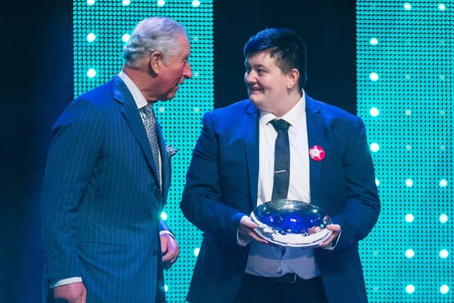 Prince Charles with winner of the Educational Award Jay Kelly during the annual Prince's Trust Awards at London Palladium on 13 March 2019.