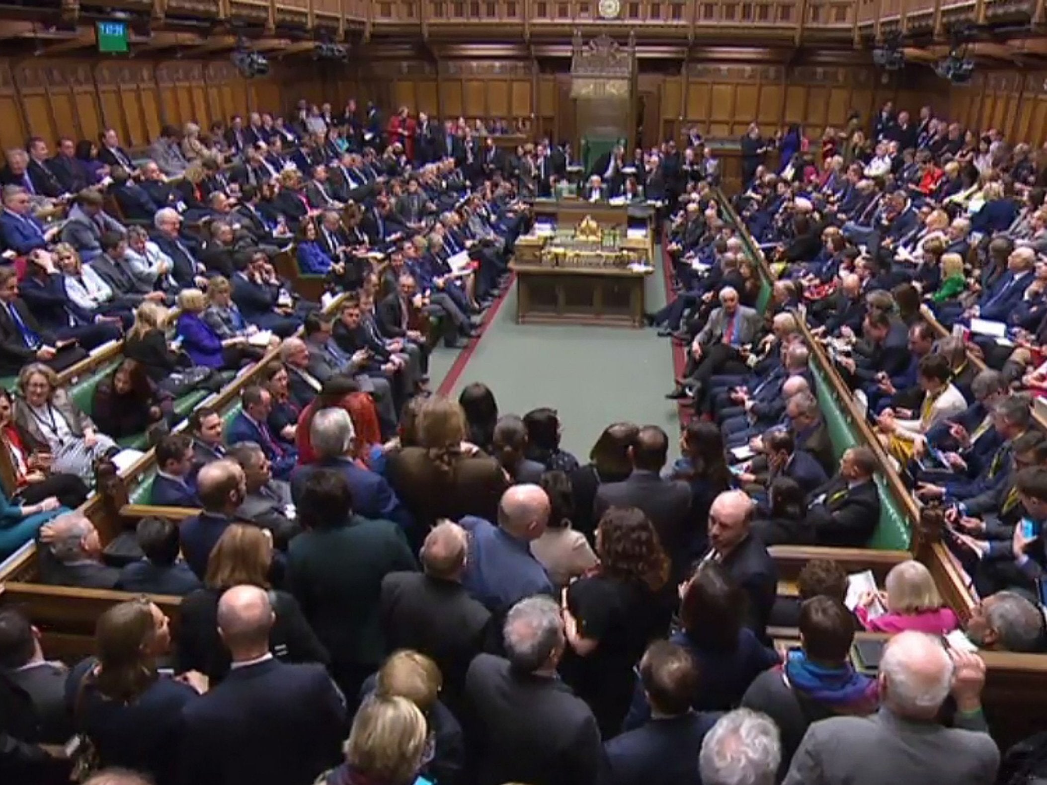 Packed House of Commons as members wait for the result of an amended motion on rejecting leaving the EU with no deal on 13 March 2019.