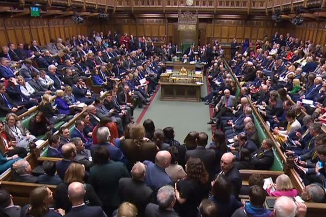 Packed House of Commons as members wait for the result of an amended motion on rejecting leaving the EU with no deal on 13 March 2019.