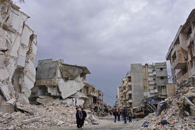 This picture taken on March 14, 2019, shows destruction following an airstrike in the jihadist-held city of Idlib, northwestern Syria