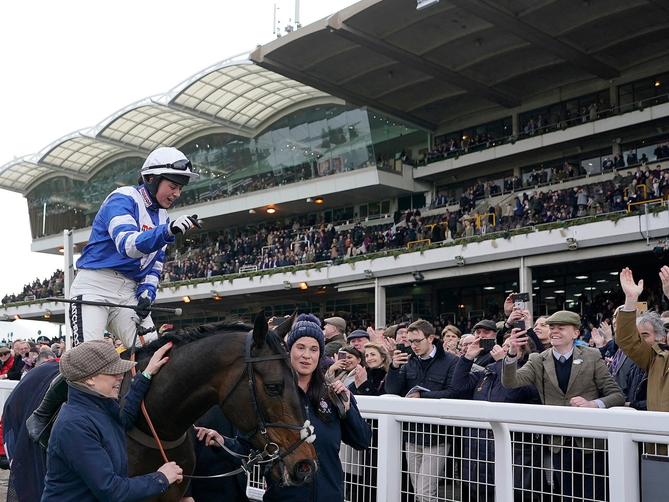 Bryony Frost celebrates after riding Frodon to win The Ryanair Chase