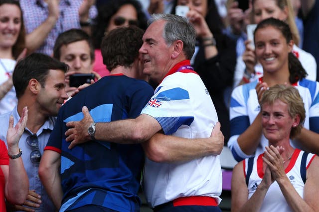 Paul Hutchins hugging Andy Murray after the Scot won Olympic gold