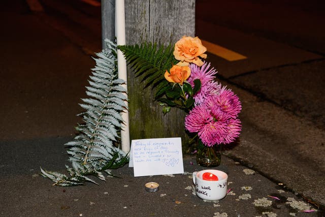 A floral tribute is seen on Linwood Avenue near the Linwood Masjid in Christchurch
