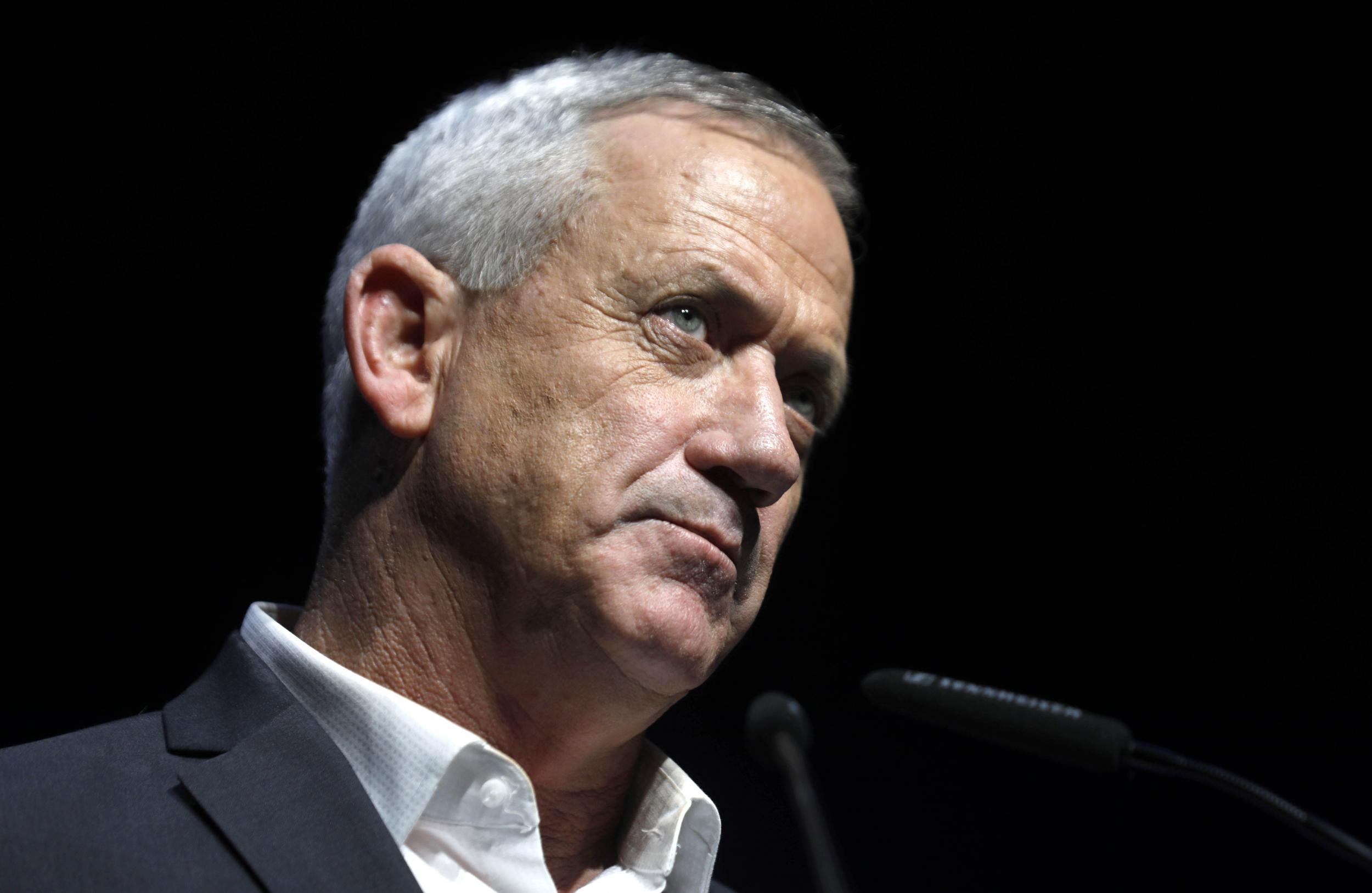 The main leader of Israeli centrist Blue and White alliance, Benny Gantz, attends a campaign convention in the southern Israeli city of Beersheva