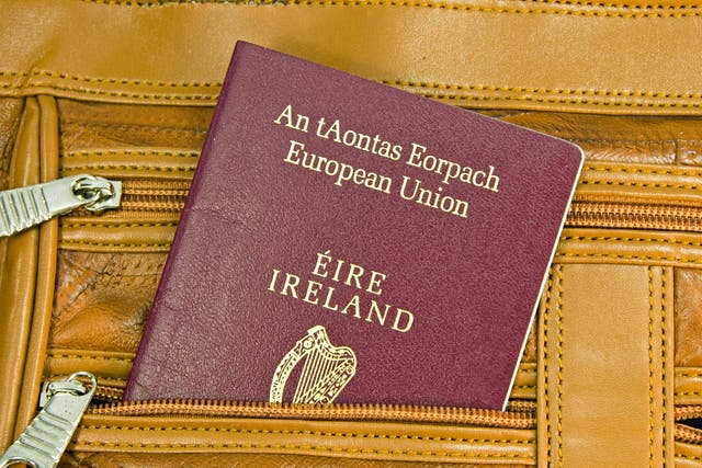 Irish EU Passport showing from the pocket of a leather carry-on bag