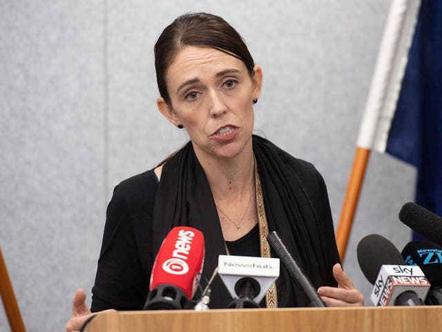 New Zealand’s prime minister Jacinda Ardern speaks to the media after the shooting on Friday