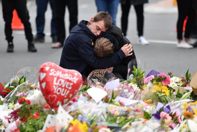 Mourners at a memorial near the Al Noor Masjid mosque in Christchurch