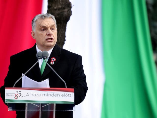 Hungarian prime minister Viktor Orban speaks during Hungary's National Day celebrations, which also commemorates the 1848 Hungarian Revolution against the Habsburg monarchy
